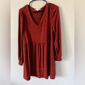 ✅NWOT EUC LOFT Red A-Line V-Neck Bishop Sleeve Dress, size MED!!